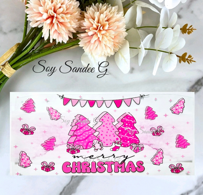 Pink Merry Christmas Trees - UVDTF Wrap for cups/hard surfaces sticker