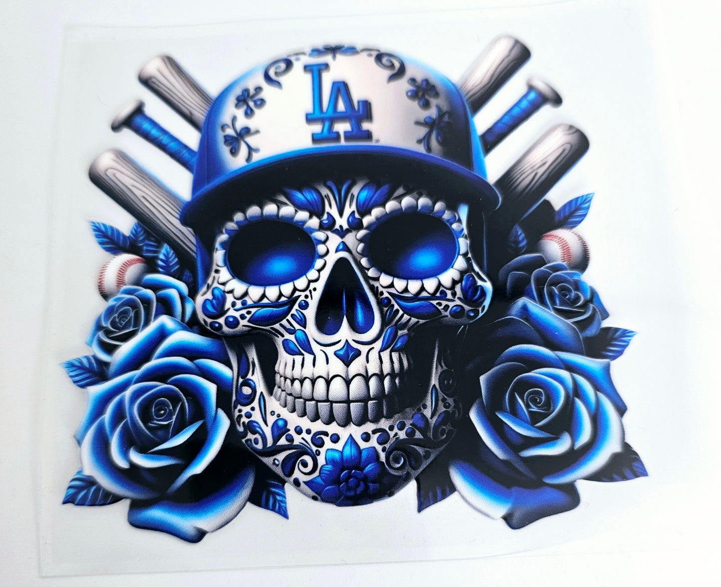 White with Blue Roses Skull UVDTF Decal