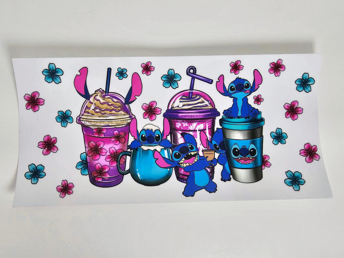 Stitch Cups with Teal & Pink Flowers - UVDTF Wrap