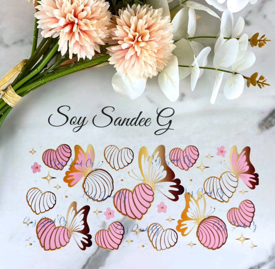 Pink & White Mexican Cookies & Gold Butterflies - UVDTF Wrap for cups/hard surfaces sticker