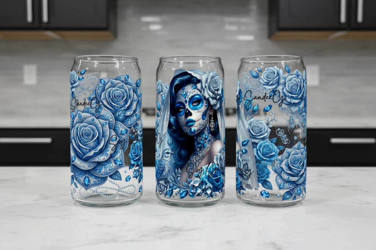 Blue Roses Skully - UVDTF Wrap for cups/hard surfaces sticker