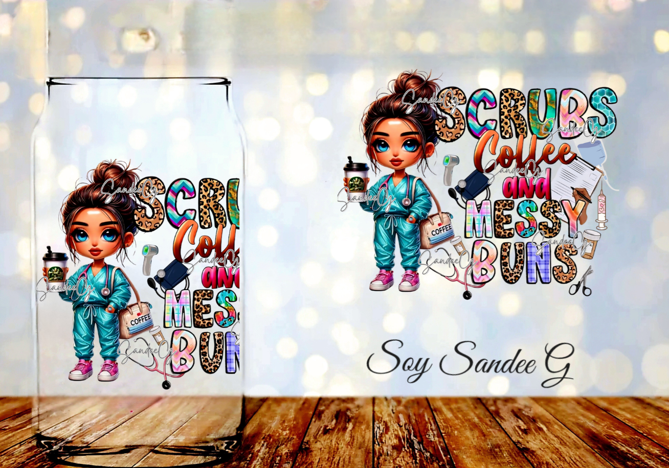 Scrubs, Coffee & Messy Buns - UVDTF Decal for cups/hard surfaces sticker