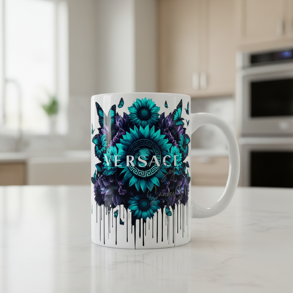 Versace Teal Flowers - UVDTF Decal for cups/hard surfaces sticker