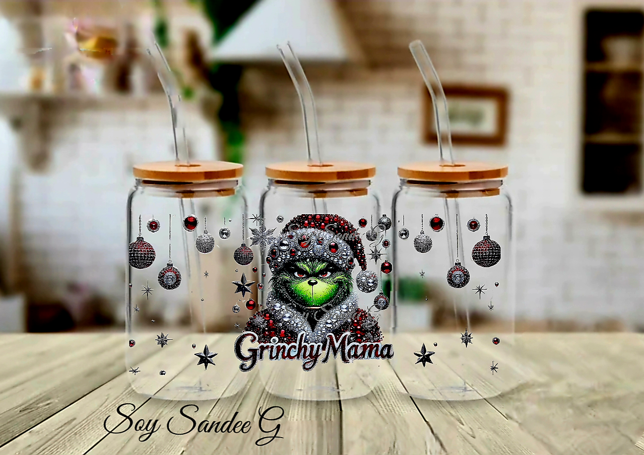 Red Glitter Grinchy Mama - UVDTF Wrap for cups/hard surfaces sticker