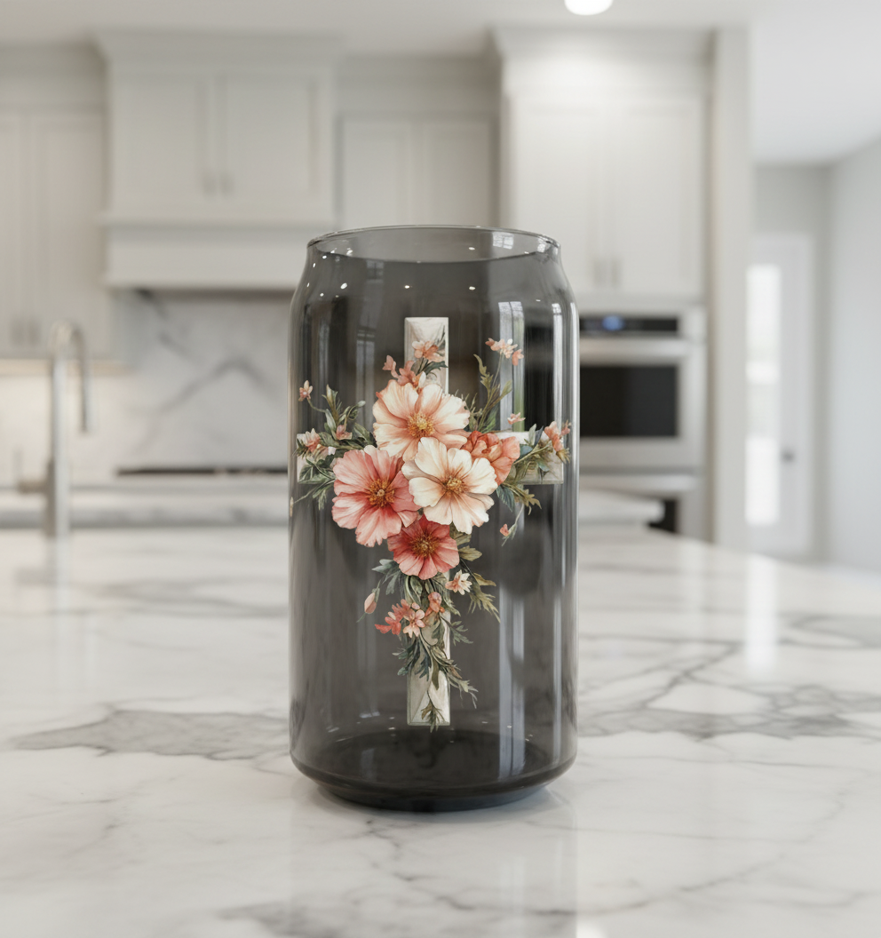 Pink Flowered Cross - UVDTF Decal for cups/hard surfaces sticker