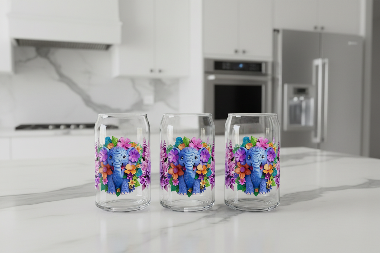 Blue Elephant & Flowers - UVDTF Wrap for cups/hard surfaces sticker
