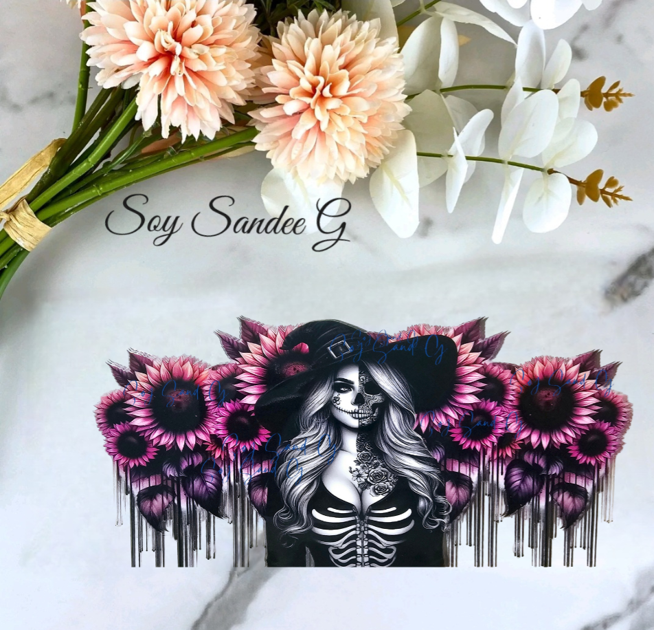 Sexy Skully Witch & Pink Sunflowers - UVDTF wrap for cups/hard surfaces sticker
