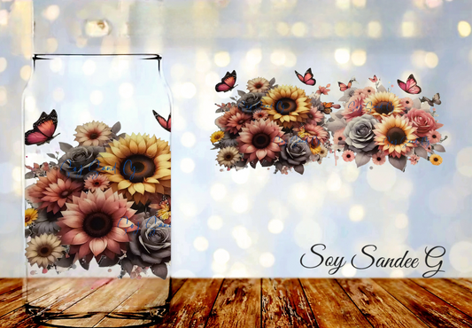 Pink & Yellow Sunflowers with Gray Roses - UVDTF Wrap for cups/hard surfaces sticker