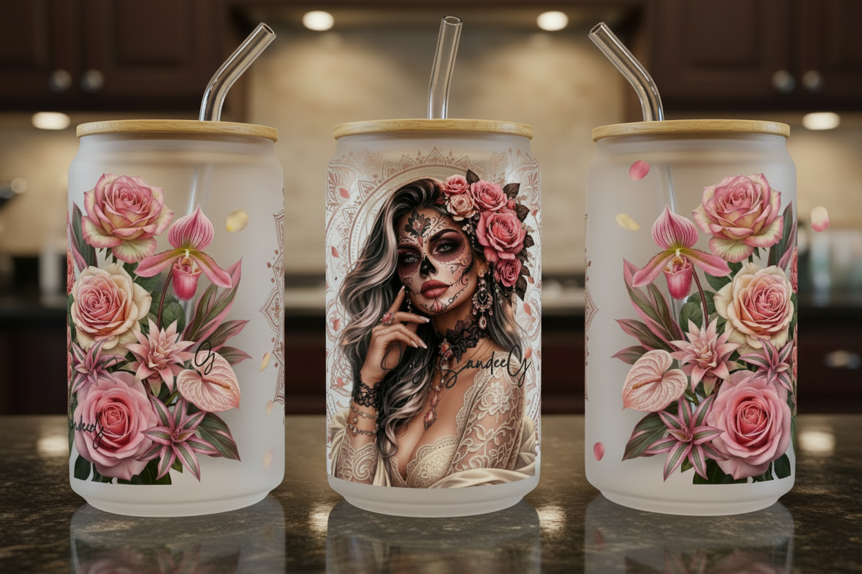 Pink Rose Skully - UVDTF wrap for cups/hard surfaces sticker