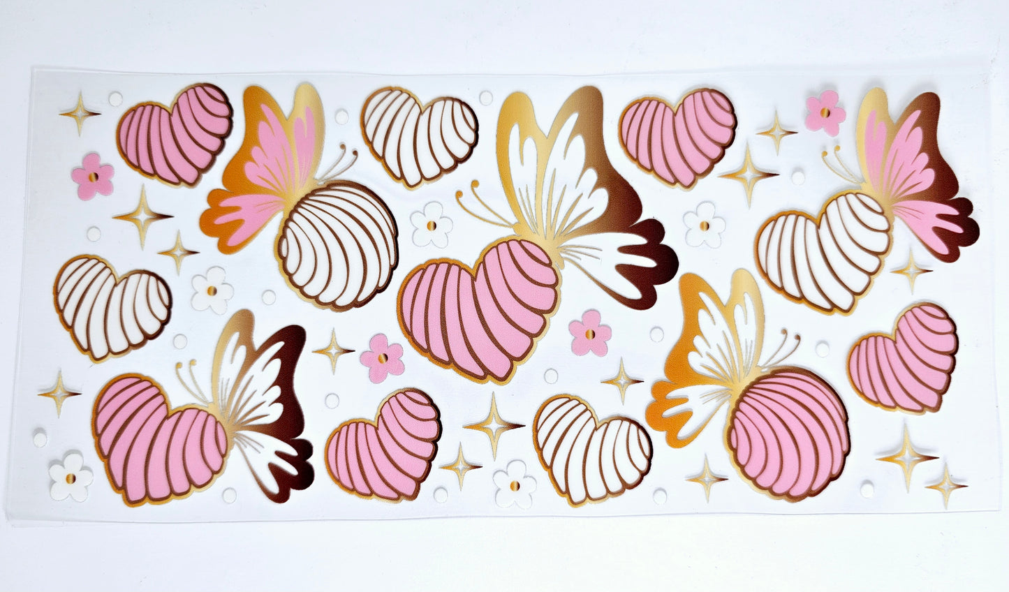 Pink & White Mexican Cookies & Gold butterflies UVDTF wrap