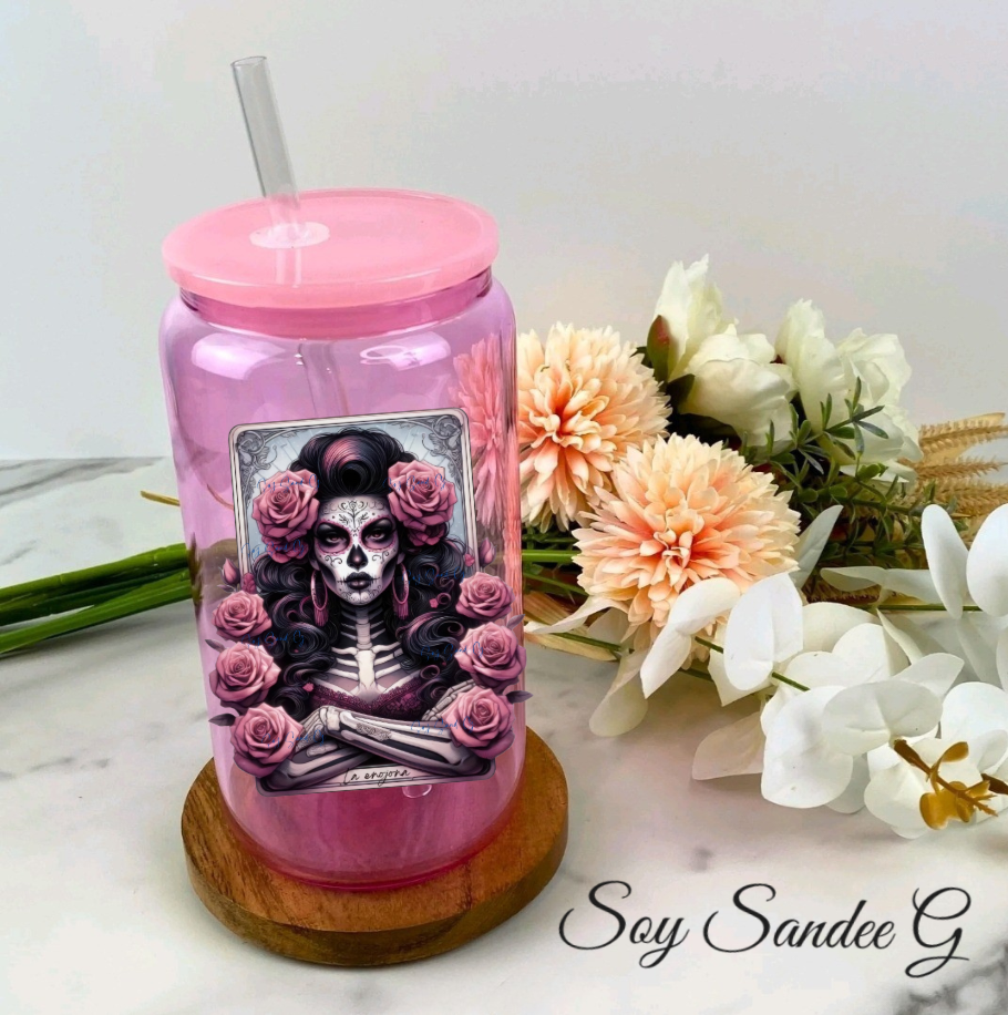 Angry Sugar Skull & Pink Roses UVDTF Decal for cups/hard surfaces sticker