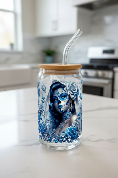 Blue Roses Skully - UVDTF Wrap for cups/hard surfaces sticker